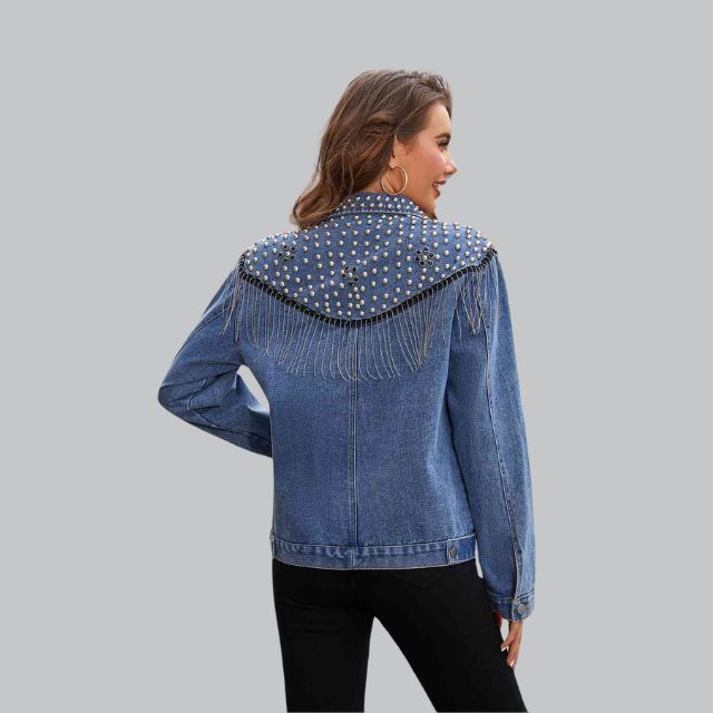 Denim Fringe Jacket Met Pareldetails – Stijlvolle Lente-Zomer Eyecatcher Voor Dames