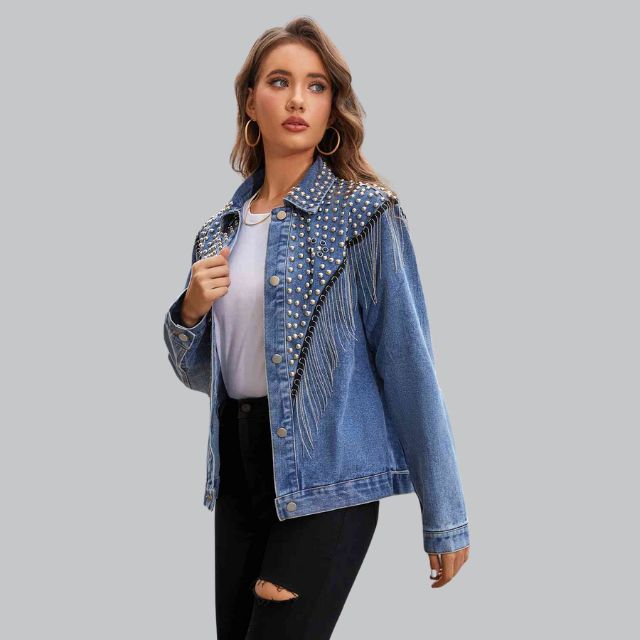Denim Fringe Jacket Met Pareldetails – Stijlvolle Lente-Zomer Eyecatcher Voor Dames