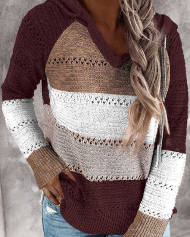 Gebreide Hoodie Met Gehaakte Strepen – Luchtige Damestrui Voor Lente En Zomer