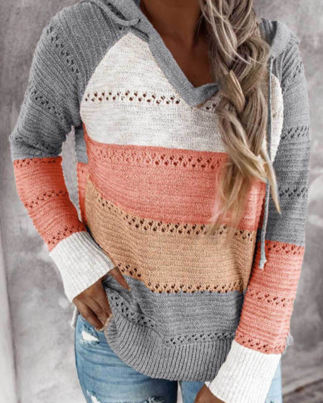 Gebreide Hoodie Met Gehaakte Strepen – Luchtige Damestrui Voor Lente En Zomer