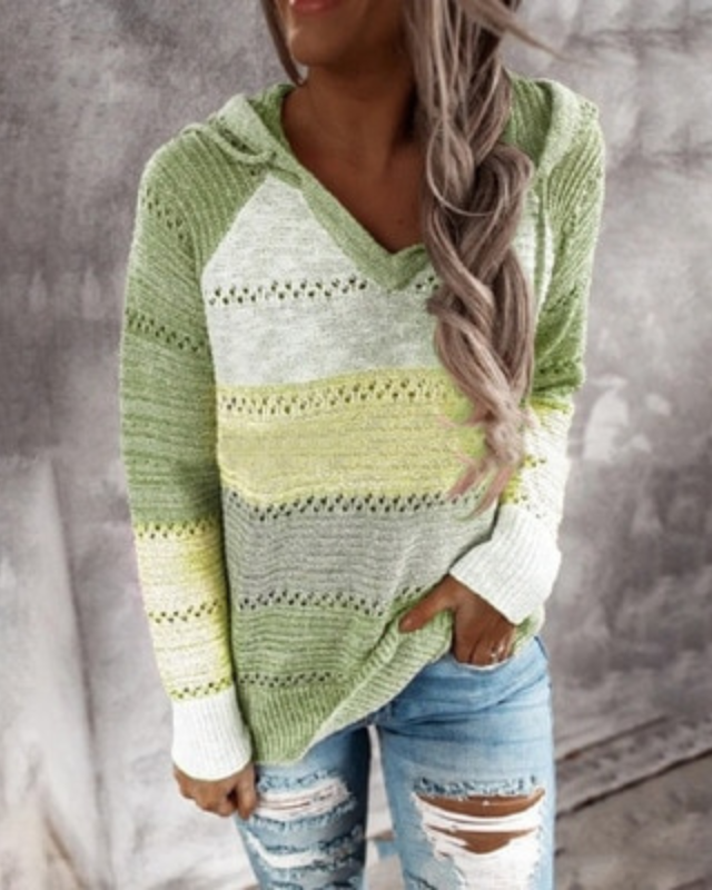 Gebreide Hoodie Met Gehaakte Strepen – Luchtige Damestrui Voor Lente En Zomer