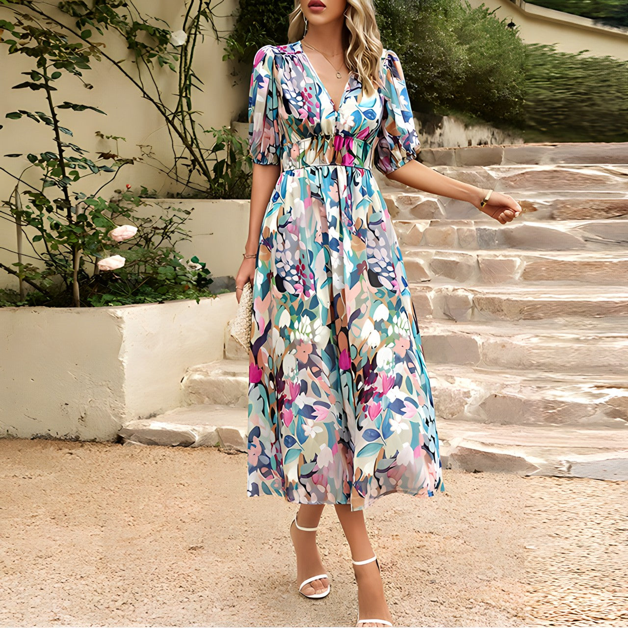 Dames Midi-Jurk Met Blauwe Bloemenprint, Pofmouwen En V-Hals – Lente, Zomer En Vroege Herfst