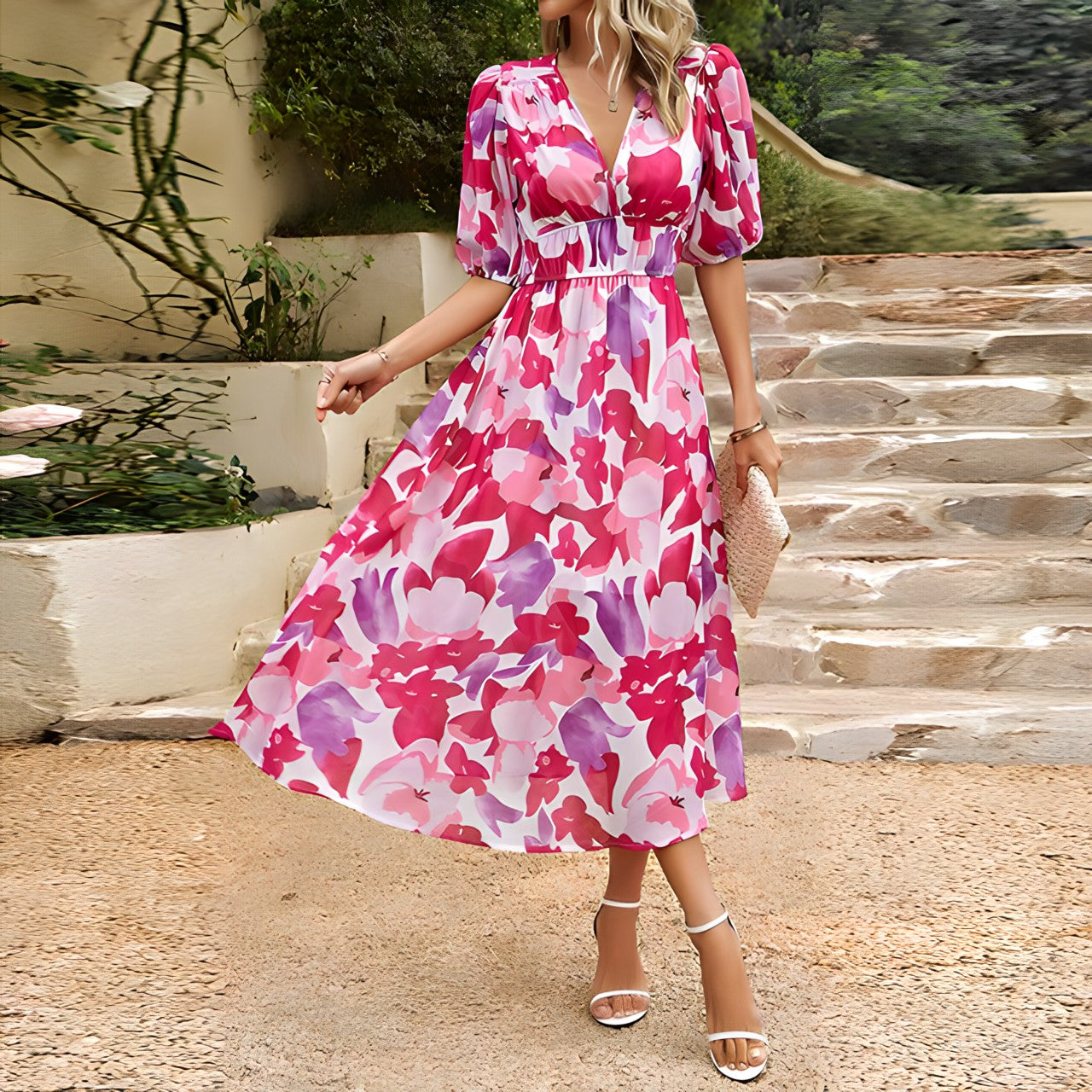Dames Midi-Jurk Met Blauwe Bloemenprint, Pofmouwen En V-Hals – Lente, Zomer En Vroege Herfst
