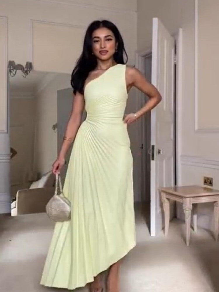 Elegante Geplooide Jurk Dames – Asymmetrische One-Shoulder Zomerjurk Met Uitsnede En Hoge Taille