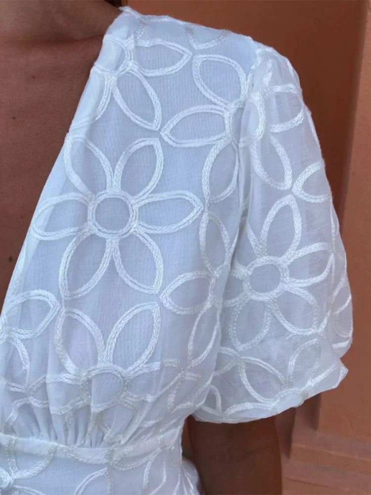 Dames Maxi-Jurk Met Borduureffect, V-Hals En Pofmouwen – Lente, Zomer En Vroege Herfst