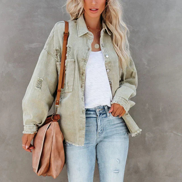 Oversized Denim Jack Met Scheuren – Casual Voorjaarsjas Voor Dames Met Relaxed Fit En Vintage Flair