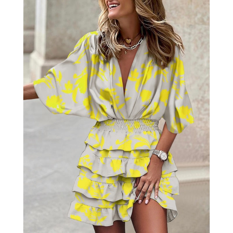 Dames Mini-Jurk Met Tropische Print En Volantrok – Lente, Zomer En Vroege Herfst