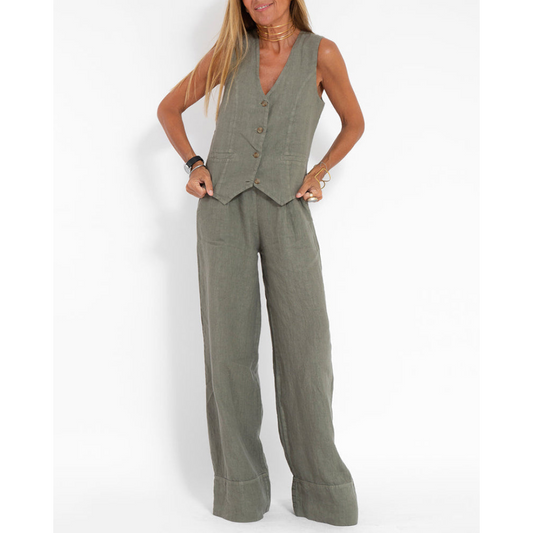 Linnenmix Look Set Met Mouwloos Gilet En Wijde Pantalon – Relaxed En Stijlvol