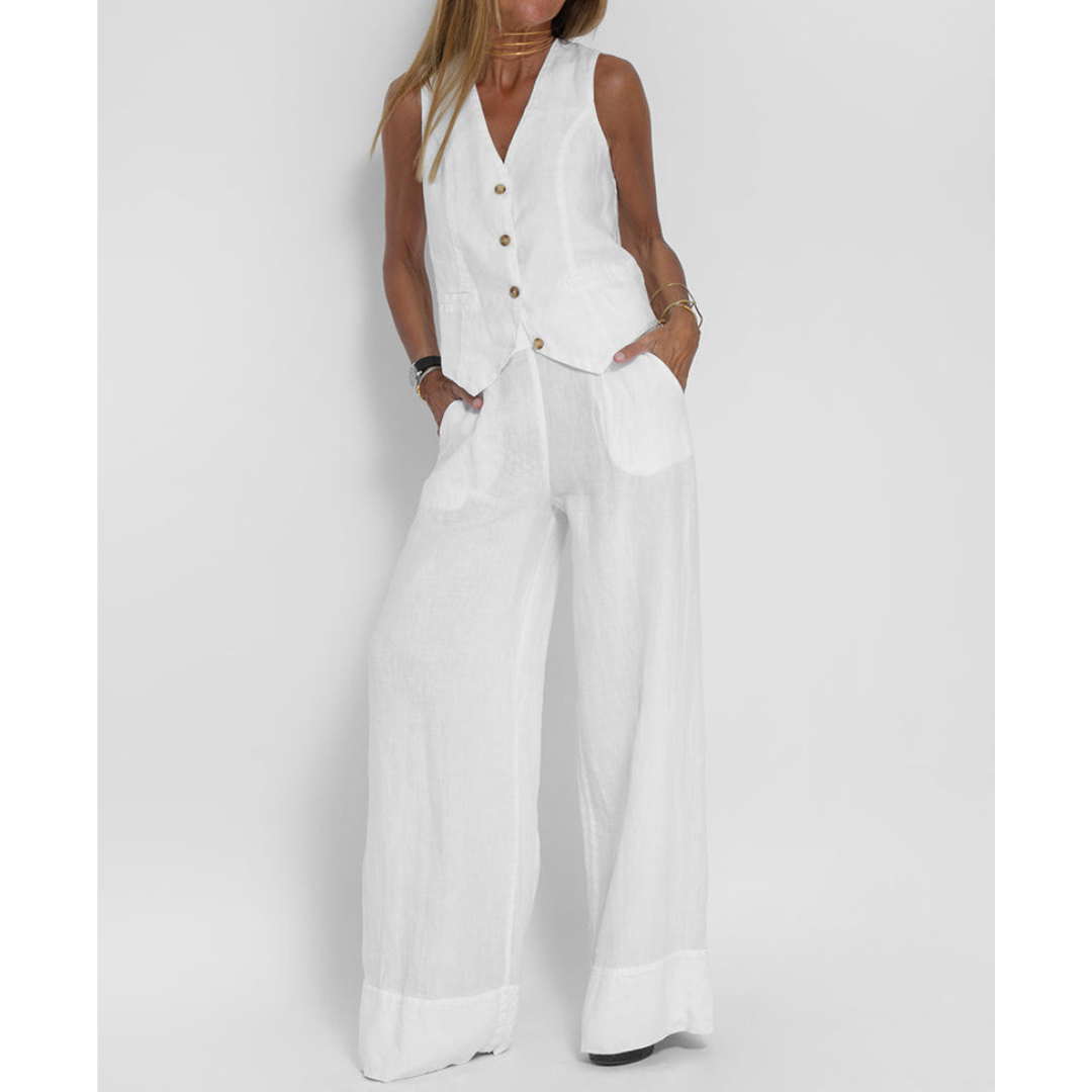 Linnenmix Look Set Met Mouwloos Gilet En Wijde Pantalon – Relaxed En Stijlvol