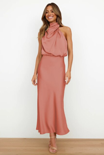 Lange Satijnen Avondjurk Dames – Chique Mouwloze Maxi-Jurk Voor Lente & Zomer Events