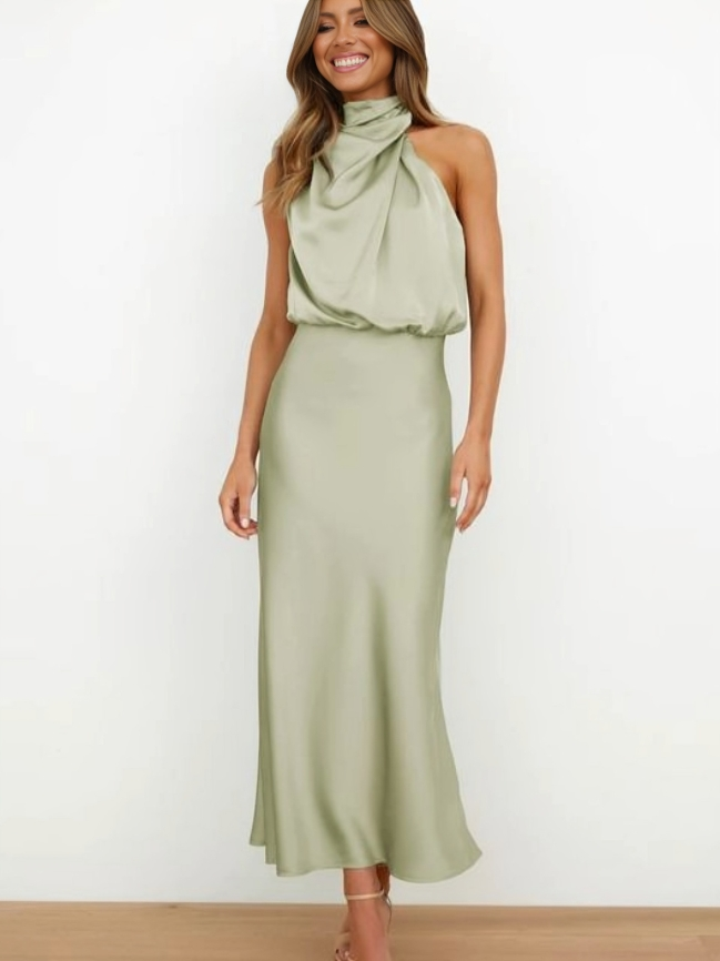 Satijnen Halterjurk Met Colkraag – Elegante Midi Jurk Voor Feestelijke Gelegenheden