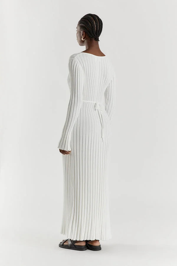 Dames Ribgebreide Maxi-Jurk Met V-Hals En Lange Mouwen – Voorjaar, Zomer En Herfst