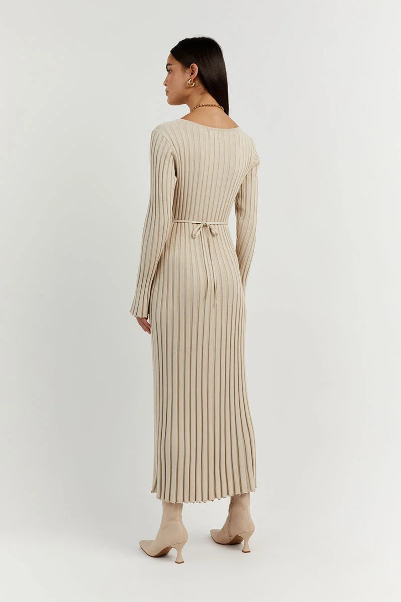 Dames Ribgebreide Maxi-Jurk Met V-Hals En Lange Mouwen – Voorjaar, Zomer En Herfst