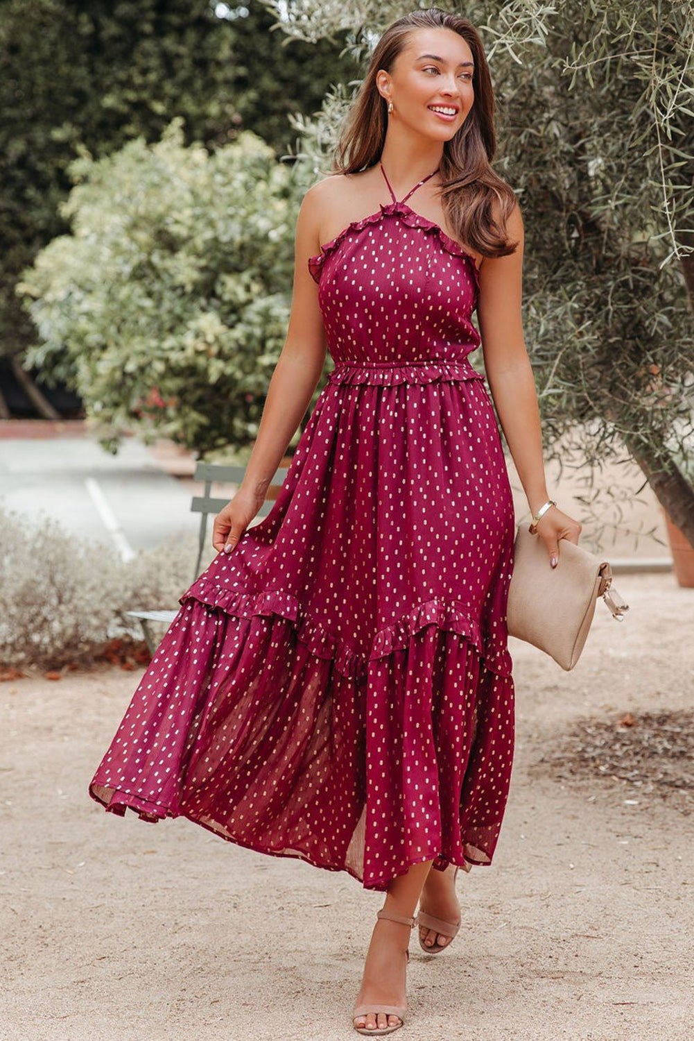 Dames Halterjurk Met Ruffle Detail, Stippenprint En Zwierige Maxi-Lengte – Geschikt Voor Lente, Zomer En Herfst