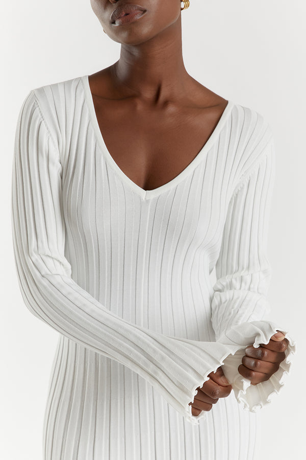 Dames Ribgebreide Maxi-Jurk Met V-Hals En Lange Mouwen – Voorjaar, Zomer En Herfst