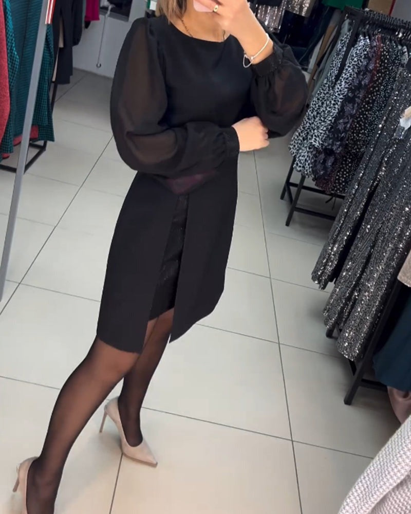 Gelaagde Mini-Jurk Met Transparante Ballonmouwen En Splitvoorkant – Een Edgy Statement Voor Avondjes Uit