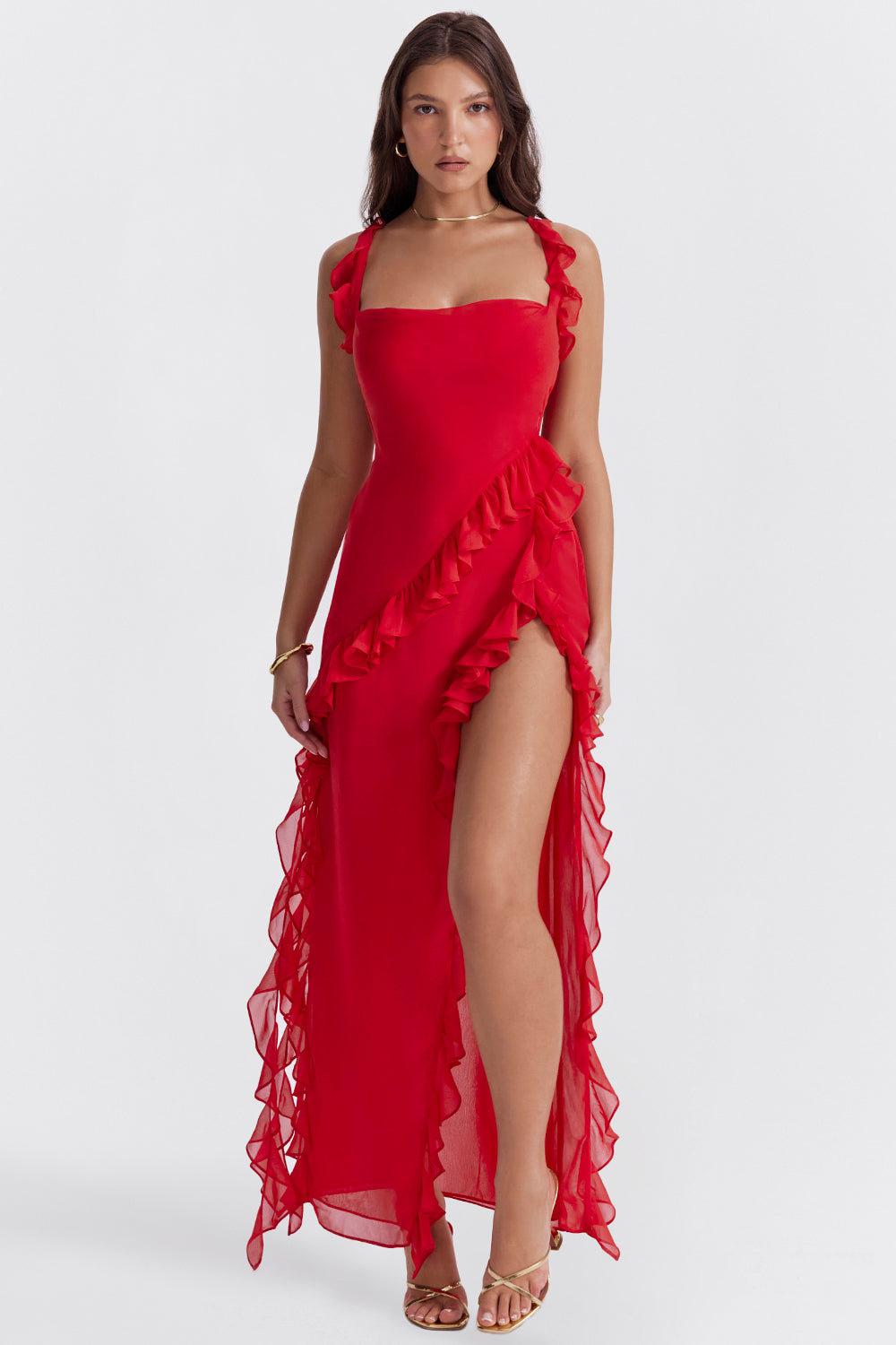 Elegante Asymmetrische Avondjurk Met Ruches En Hoge Split – Verfijnd En Verleidelijk