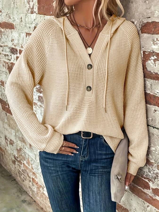 Gebreide Dameshoodie Met Knoopsluiting – Relaxte Essential Voor Najaar En Vroege Lente