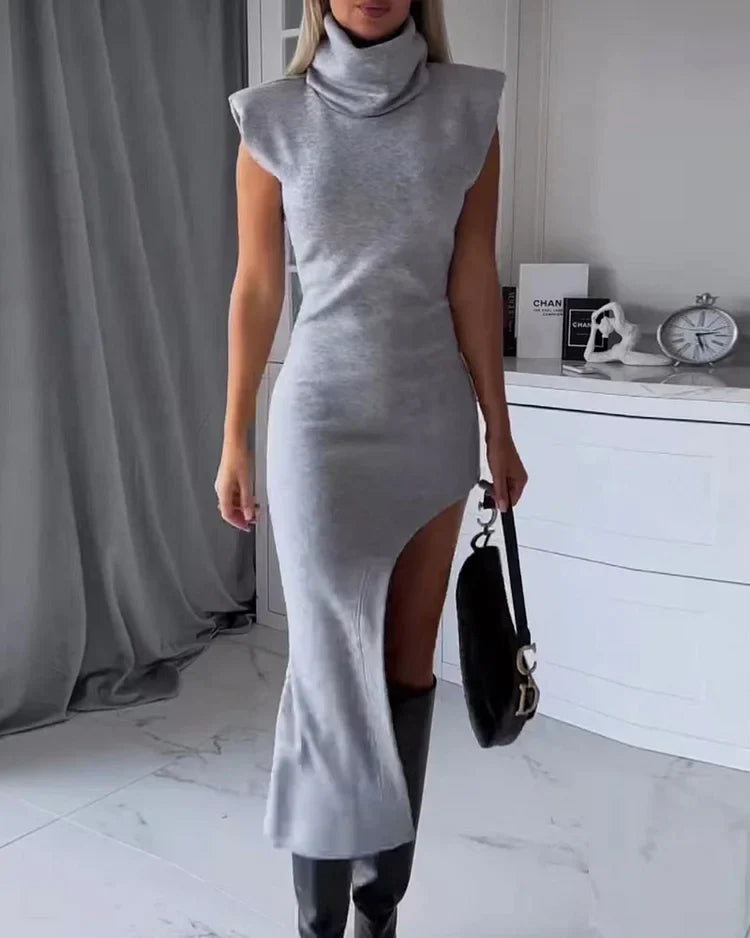 Gebreide Damesjurk Met Col En Asymmetrische Split – Stijlvolle Knit Dress Met Moderne Twist