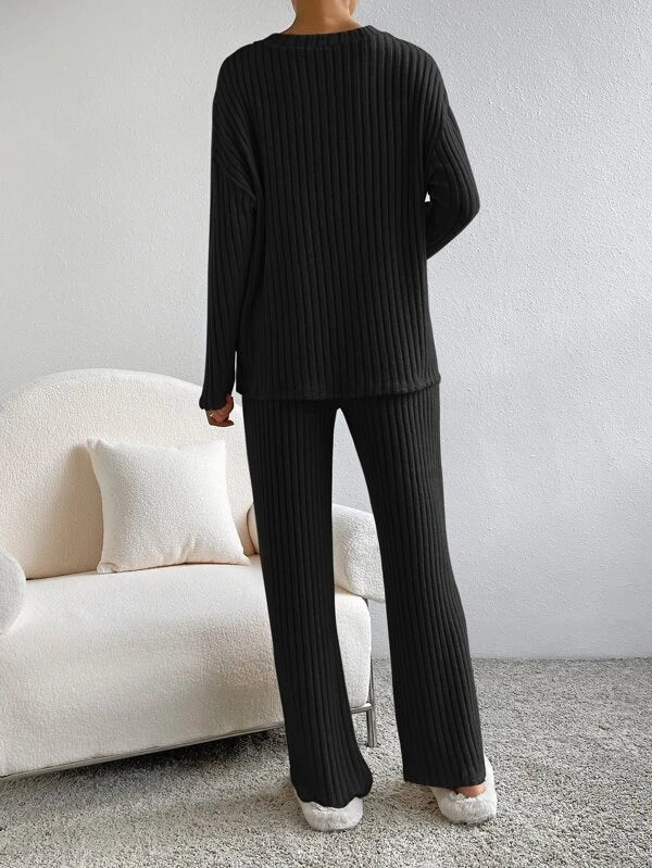 Geribde Dames Lounge Set Met V-Hals Top En Rechte Broek – Herfst, Winter En Voorjaar