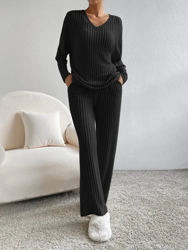 Geribde Dames Lounge Set Met V-Hals Top En Rechte Broek – Herfst, Winter En Voorjaar