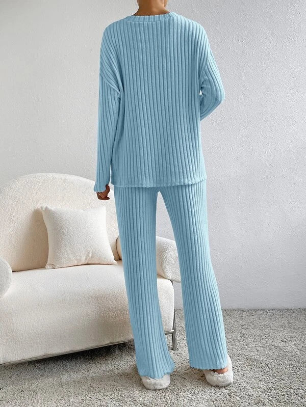 Geribde Dames Lounge Set Met V-Hals Top En Rechte Broek – Herfst, Winter En Voorjaar