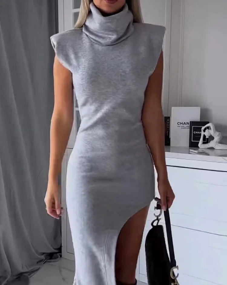 Gebreide Damesjurk Met Col En Asymmetrische Split – Stijlvolle Knit Dress Met Moderne Twist