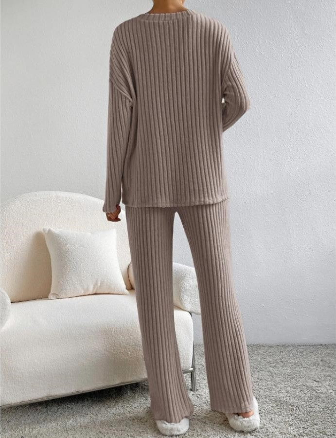 Geribde Dames Lounge Set Met V-Hals Top En Rechte Broek – Herfst, Winter En Voorjaar