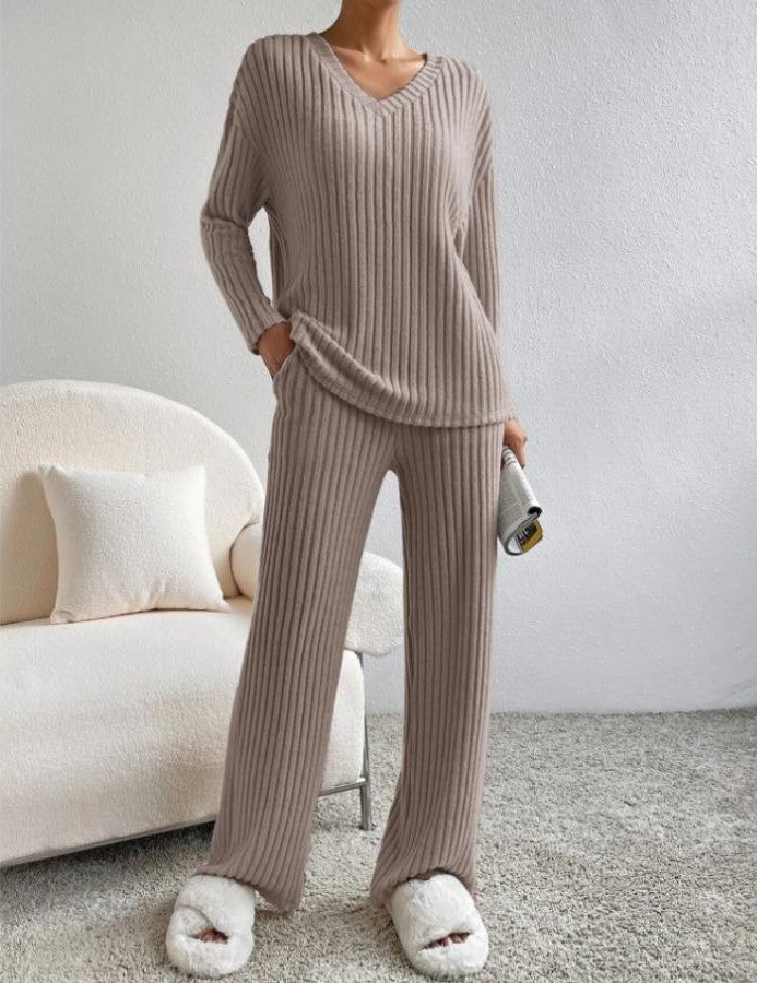 Geribde Dames Lounge Set Met V-Hals Top En Rechte Broek – Herfst, Winter En Voorjaar