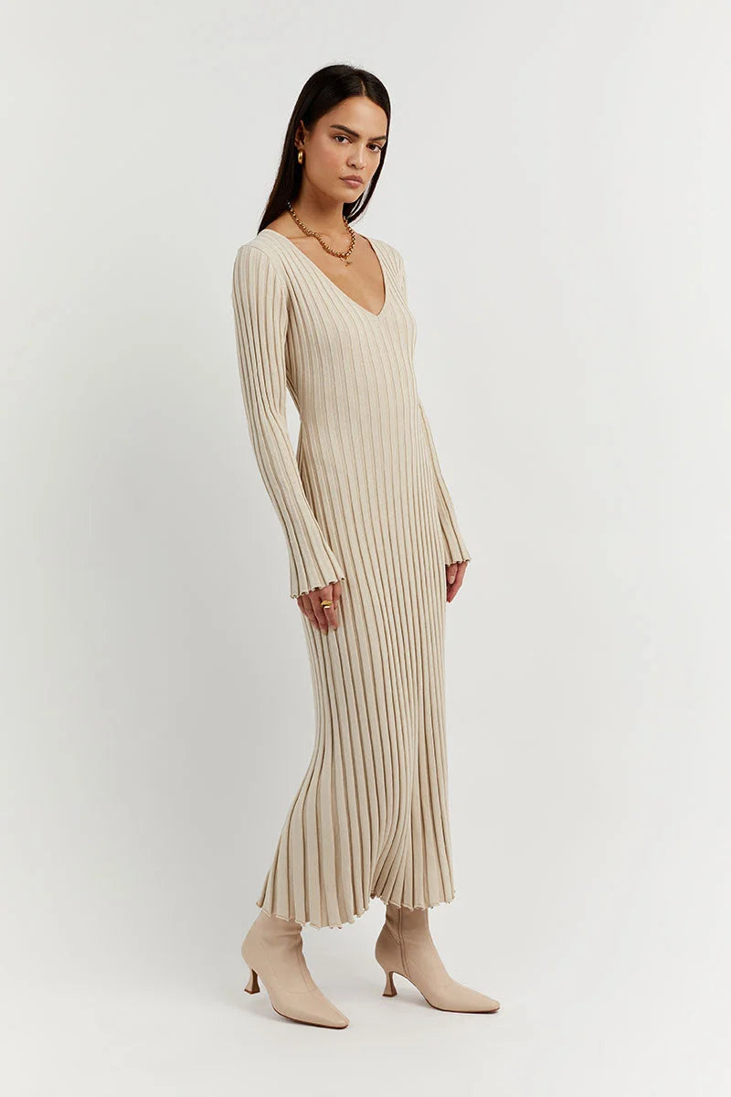Dames Ribgebreide Maxi-Jurk Met V-Hals En Lange Mouwen – Voorjaar, Zomer En Herfst
