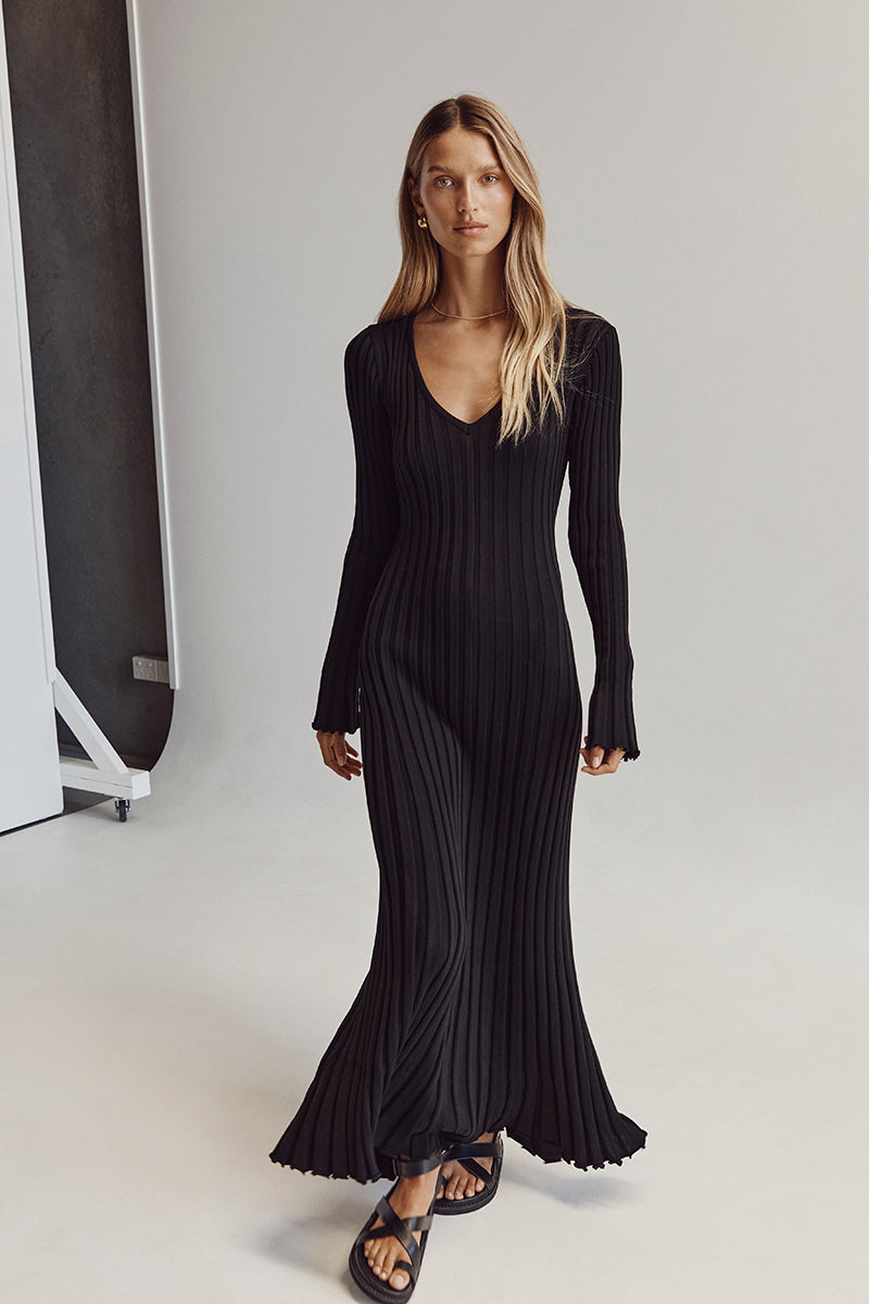 Dames Ribgebreide Maxi-Jurk Met V-Hals En Lange Mouwen – Voorjaar, Zomer En Herfst