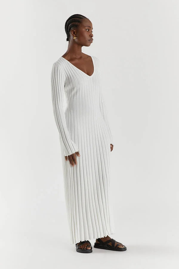 Dames Ribgebreide Maxi-Jurk Met V-Hals En Lange Mouwen – Voorjaar, Zomer En Herfst