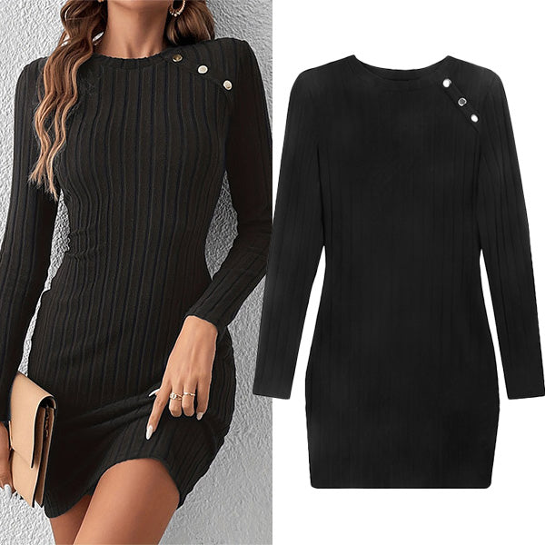 Dames Ribgebreide Bodycon Jurk Met Lange Mouwen En Ronde Hals – Voor Herfst, Winter En Lente