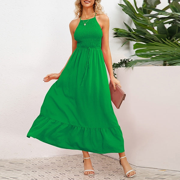 Maxi Zomerjurk Met Gesmokte Top En Halternek – Elegantie Met Een Casual Twist