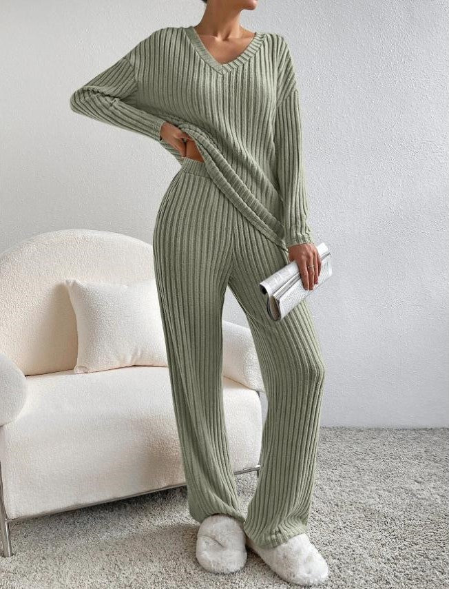 Geribde Dames Lounge Set Met V-Hals Top En Rechte Broek – Herfst, Winter En Voorjaar