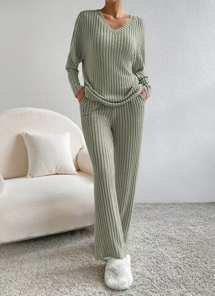 Geribde Dames Lounge Set Met V-Hals Top En Rechte Broek – Herfst, Winter En Voorjaar