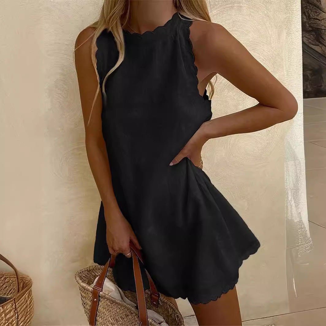 Dames Mouwloze Mini-Jurk Met Geschulpte Randen – Lente, Zomer En Vroege Herfst