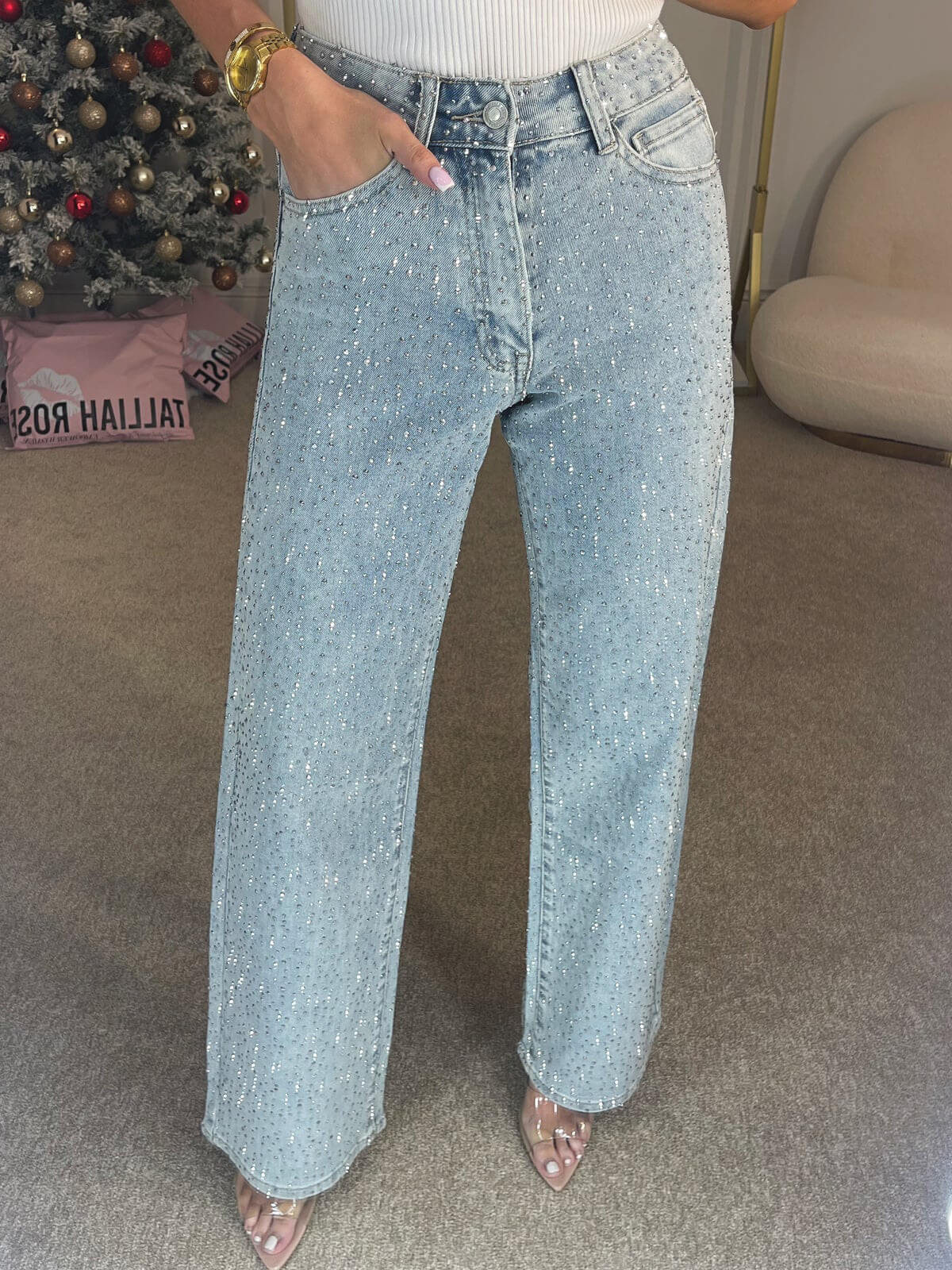Glitter Jeans Dames High Waist