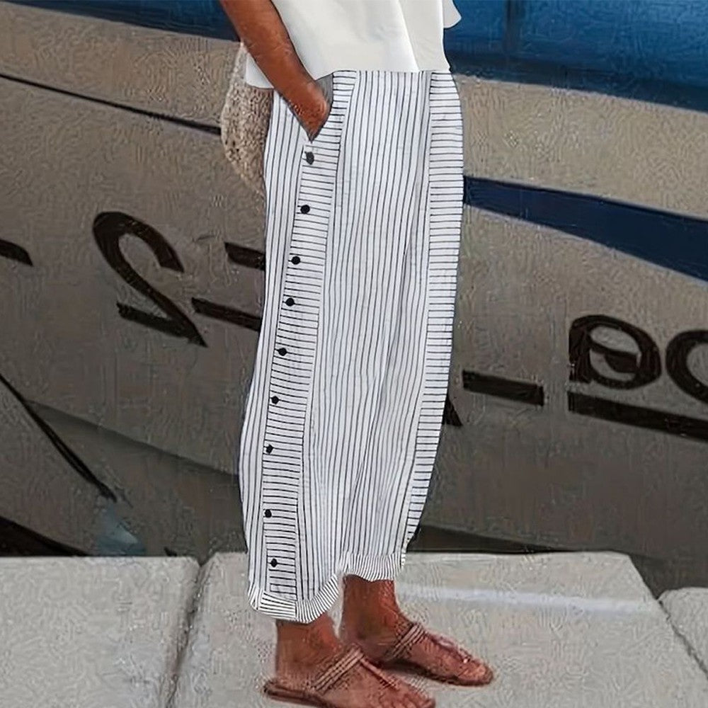 Zomerse Damesbroek – Luchtige Linnenlook Met Knoopdetail En Strepen