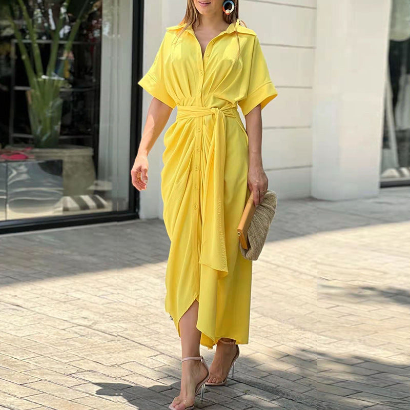 Lange Overhemdjurk Met Strikceintuur – Elegante Zomerjurk Met V-Hals En Knoopsluiting