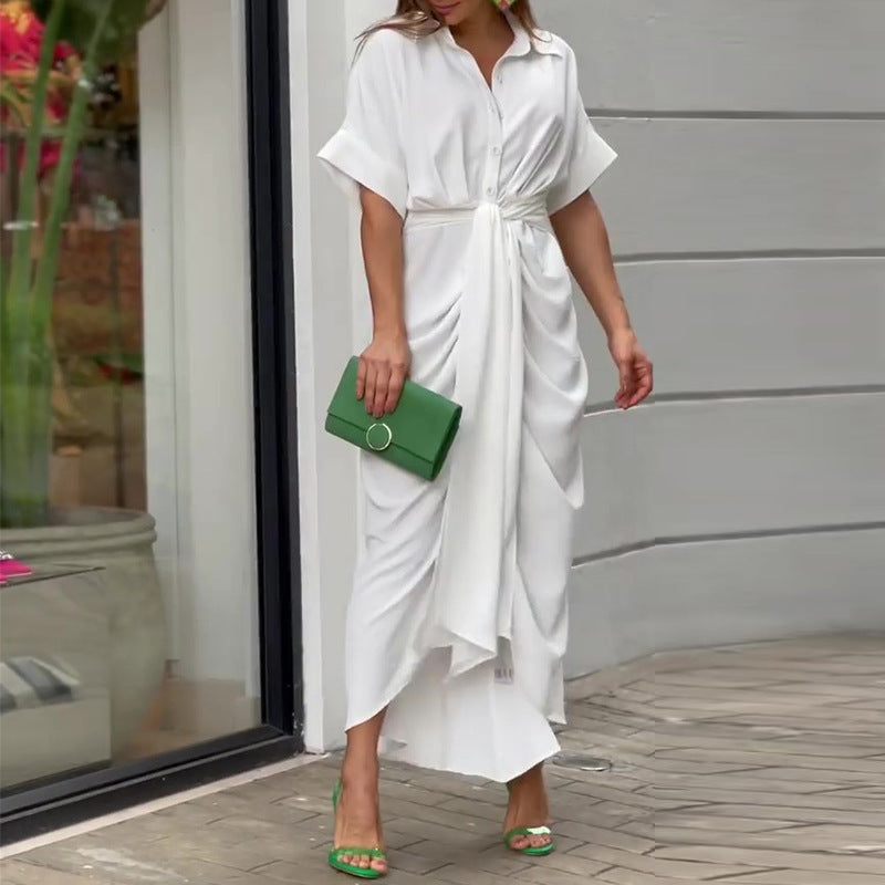 Lange Overhemdjurk Met Strikceintuur – Elegante Zomerjurk Met V-Hals En Knoopsluiting