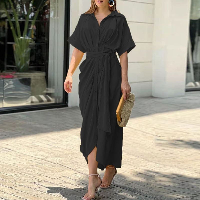 Lange Overhemdjurk Met Strikceintuur – Elegante Zomerjurk Met V-Hals En Knoopsluiting