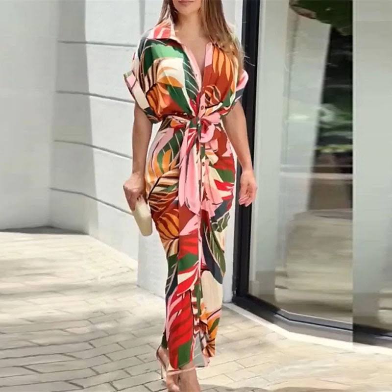 Lange Overhemdjurk Met Strikceintuur – Elegante Zomerjurk Met V-Hals En Knoopsluiting