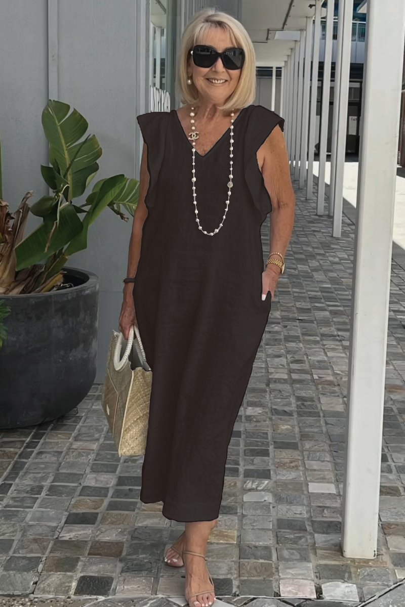 Linnen Damesjurk Met V-Hals En Kapmouw – Luchtige Midi Zomerjurk Met Casual Elegantie