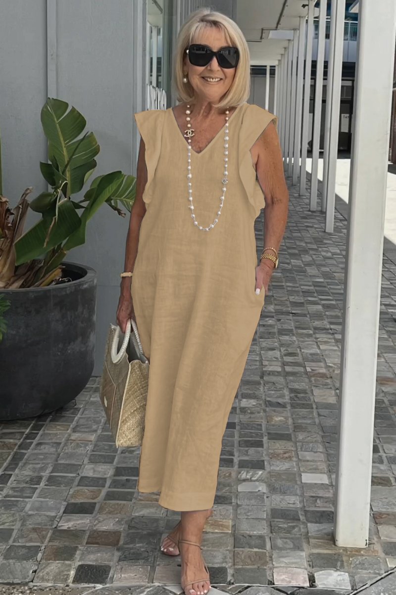 Linnen Damesjurk Met V-Hals En Kapmouw – Luchtige Midi Zomerjurk Met Casual Elegantie