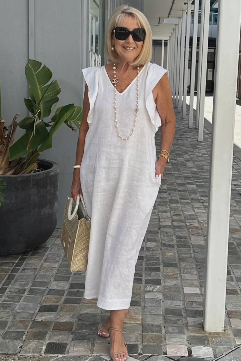 Linnen Damesjurk Met V-Hals En Kapmouw – Luchtige Midi Zomerjurk Met Casual Elegantie