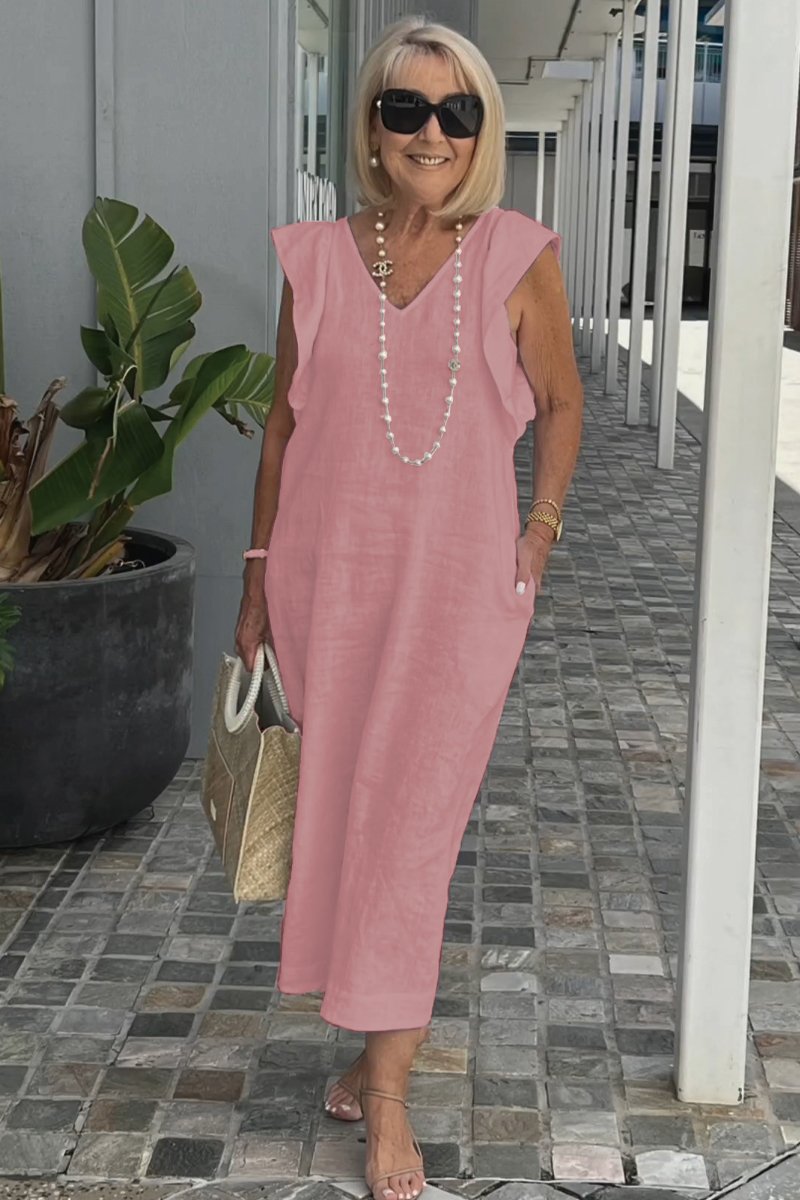 Linnen Damesjurk Met V-Hals En Kapmouw – Luchtige Midi Zomerjurk Met Casual Elegantie