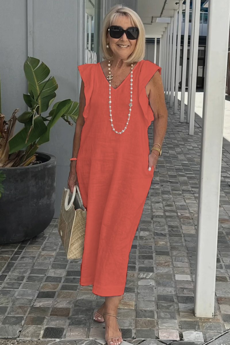 Linnen Damesjurk Met V-Hals En Kapmouw – Luchtige Midi Zomerjurk Met Casual Elegantie