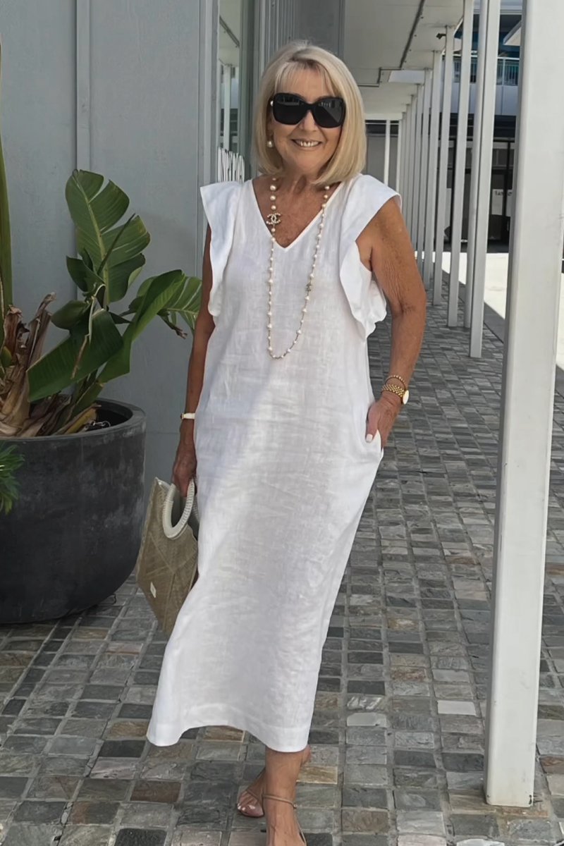 Linnen Damesjurk Met V-Hals En Kapmouw – Luchtige Midi Zomerjurk Met Casual Elegantie