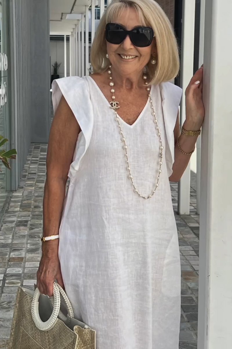 Linnen Damesjurk Met V-Hals En Kapmouw – Luchtige Midi Zomerjurk Met Casual Elegantie